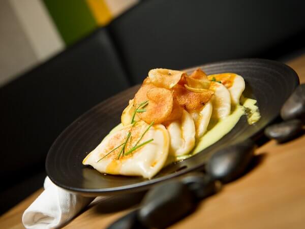 Squash Pierogi at forage restaurant, Listel Hotel, Vancouver, British Columbia, Canada