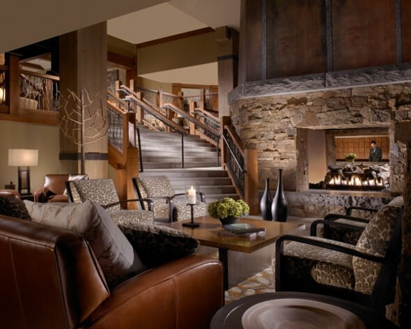 Modern lodge interiors including living rooms at One Ski Hill Place.