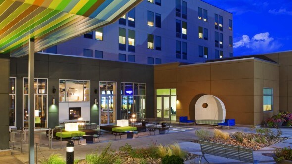 The Aloft Broomfield Denver's "backyard" is an oOutdoor patio