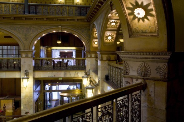 The elegant atrium of the Brown Palace Hotel