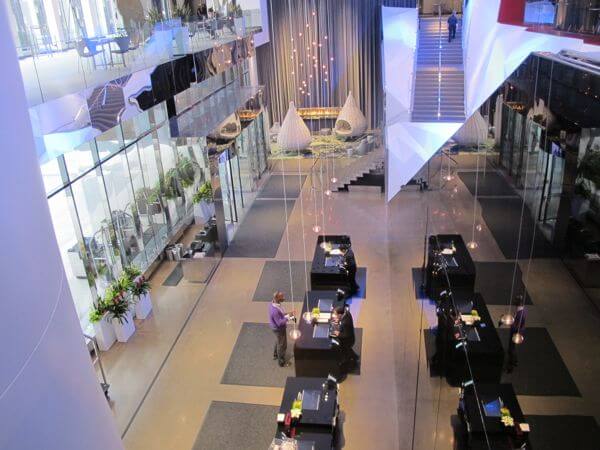 Overlooking the Radisoon check-in lobby from the Skyway above