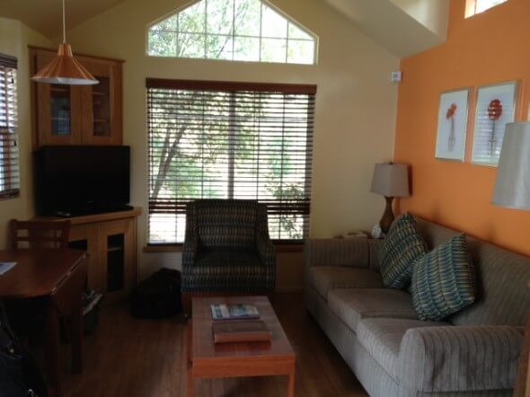 The living room of our one-bedroom cabin at RiverPointe