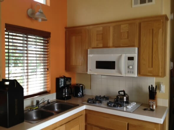 The small but function kitchen at RiverPointe Resort