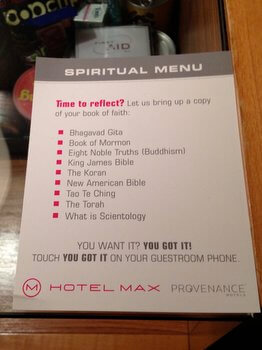 Spiritual menu Hotel Max Seattle Washington