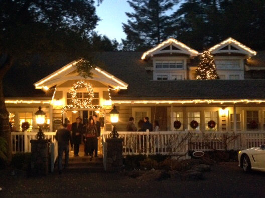 The lobby, lit up at night and decorated for the holidays