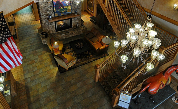 Climb the winding staircase to look down on the welcoming lobby of the Golden Hotel.