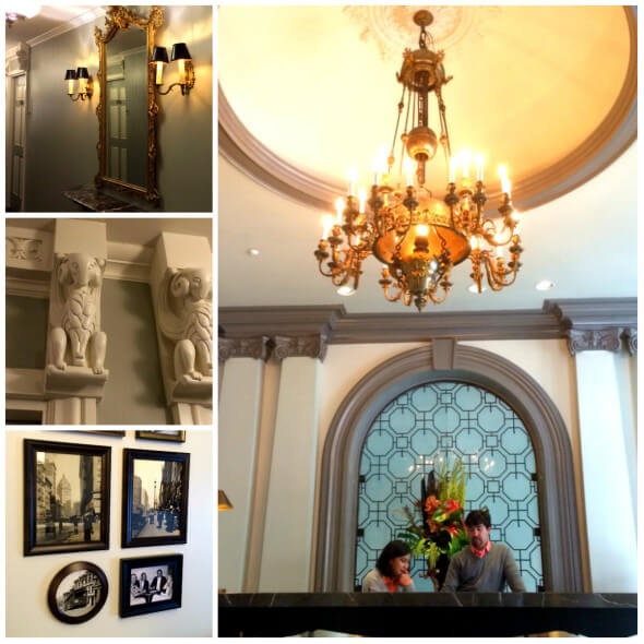 Original period details like mirrors, light fixtures, carvings, and the lobby chandelier 