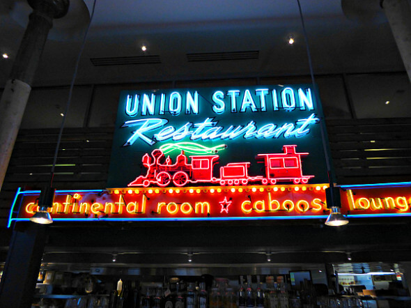 Neon sign at the nearby restaurant The Kitchen Next Door Community Pub, Union Station.