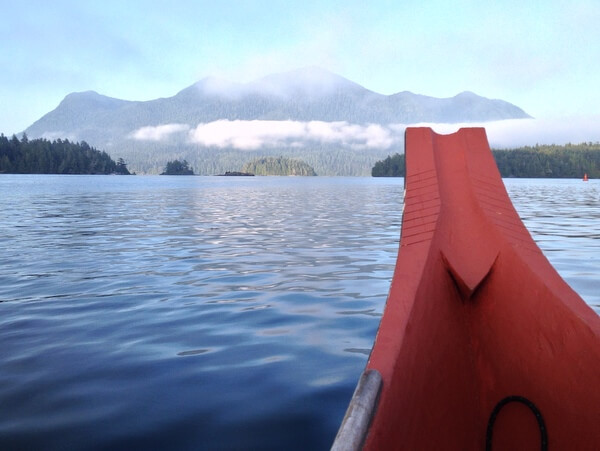 In a First Nations dugout canoe, Tofino, BC, Canada