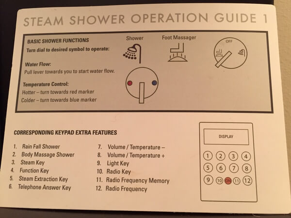 Shower instructions, Grande Rockies Resort, Canmore Alberta