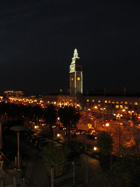 ferry building, san francisco, california, night lights, city lights