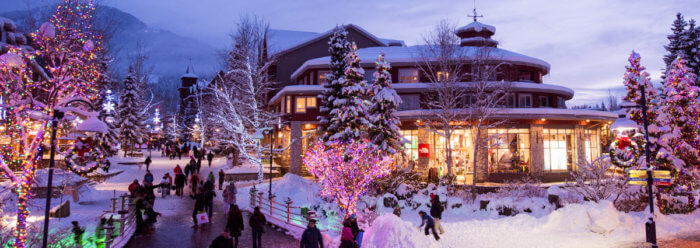 Dream of a white Canadian Christmas at Whistler village at dusk. Photo Credit: Tourism Whistler