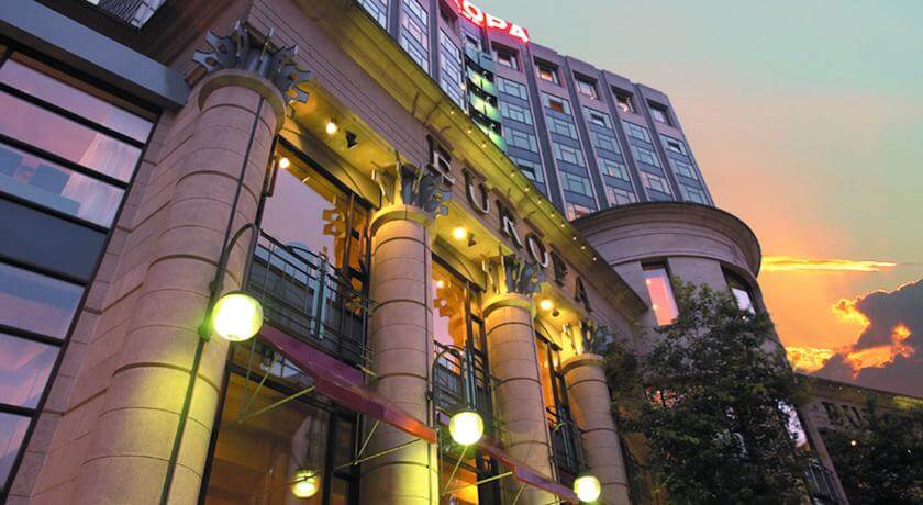 Large Greek columns mark the entrance to the Europa Belfast hotel in Northern Ireland.