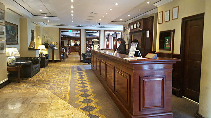 The lobby of the O'Callaghan Davenport Hotel in the heart of Dublin, Ireland.