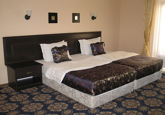 Guest room at Minorai-Kalon Hotel, Bukhara, Uzbekistan (Photo by Susan McKee)