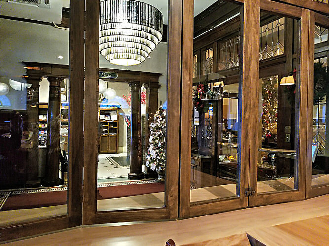 From the Hotel Boulderado's restaurant, the view of the entrance and front desk.