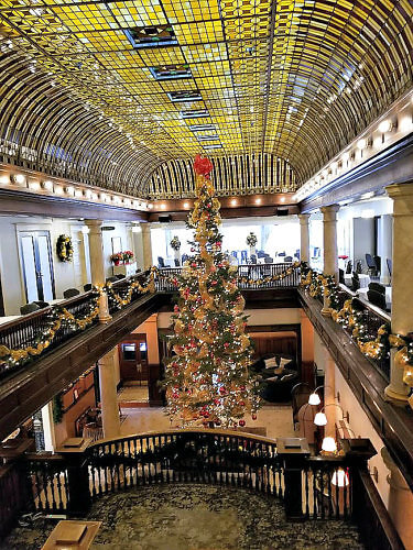 The lobby of the Hotel Boulderado decorated for the holidays.