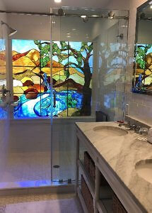 Shower with stained glass window Rancho Caymus Inn Premium Suite 