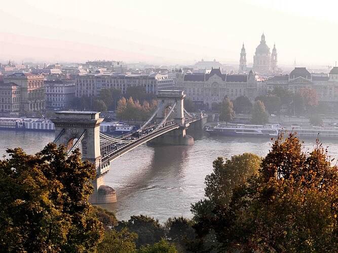 Budapest, Danube River and Szechenyi Chain Bridge and Gresham Palace