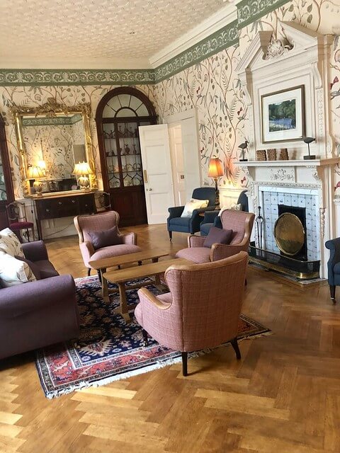 gliffaes country house hotel drawing room, luxury hotel brecon beacons national park south wales, living room