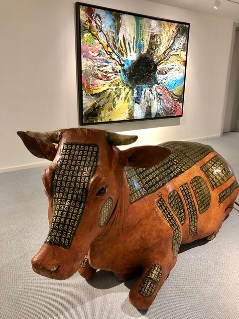 cow statue, modern art on display at Lend Hotel in Graz, Austria. 