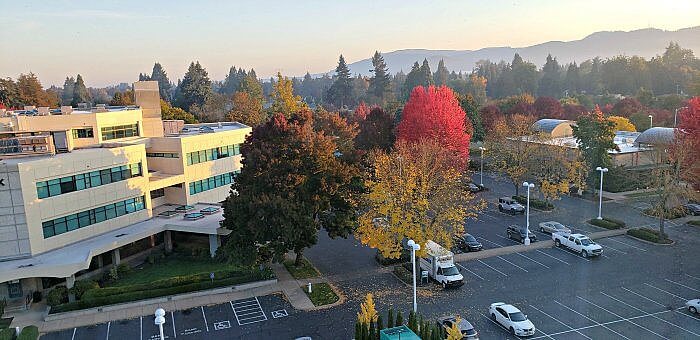 The view from our hotel room at the Hyatt Place Eugene Oakway Center Oregon.