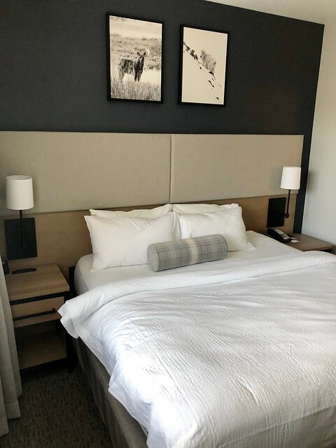 King bed with white bedding, black and white portrait of moose and mountain goat above bed.