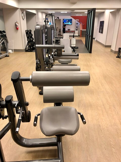 COR Fitness Center equipment inside San Francisco Marriott Marquis. Hotel gym includes varied fitness equipment.