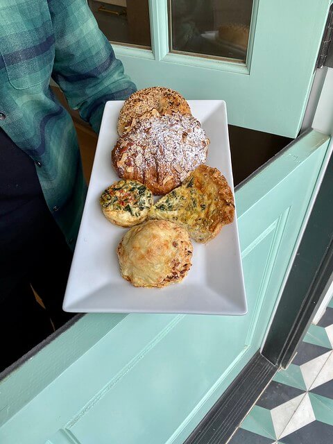 Breakfast pastries of quiche, frittata, pastry and New York bagel from Sam's General Store inside Brannan's Cottage Inn. 