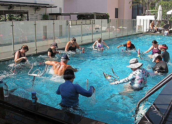 Aqua Bike class, Well Hotel, Bangkok, Thailand (Photo by Susan McKee)