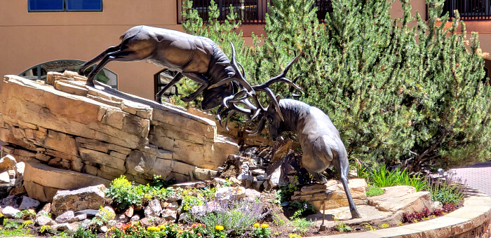 The iconic namesake sculpture in the circle drive in front of the lobby of the Antlers at Vail.