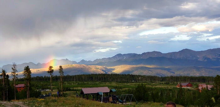 The view from our ground floor hotel-style room at Indian Peaks Lodge, Snow Mountain Ranch in Granby, Colorado