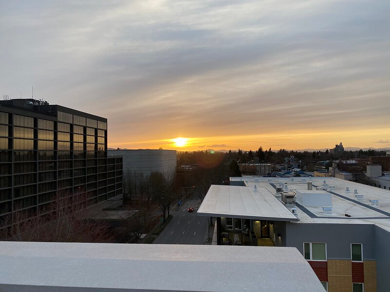 Sunset view from The Gordon Hotel Carlita's Rooftop in Eugene, Oregon