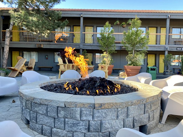 Gas fire place roars to life at the Campfire Hotel in Bend, Oregon.