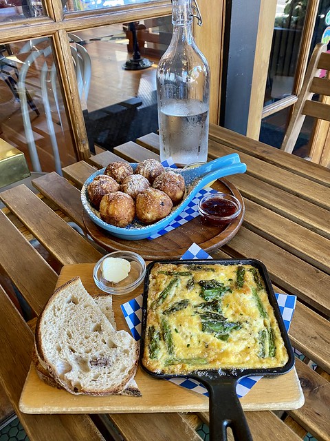 Broder Ost breakfast of Æbleskiver and baked skillet breakfast