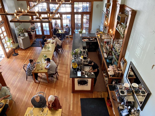 Broder Øst restaurant dining room from the 2nd floor of Hood River Hotel.