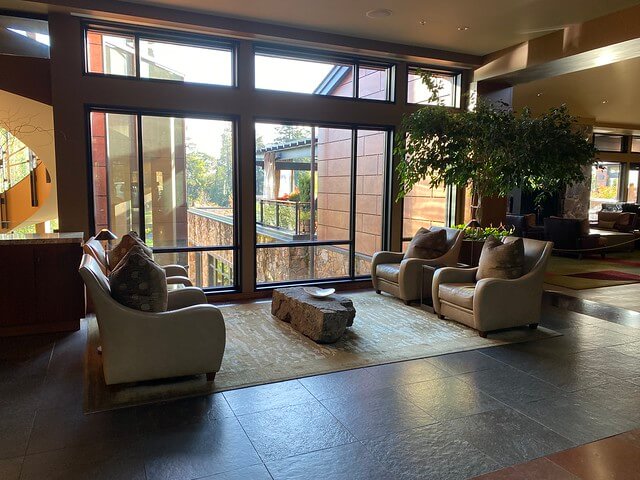 The lobby lounge, next to the piano bar, offers comfortable furniture for guests to linger.