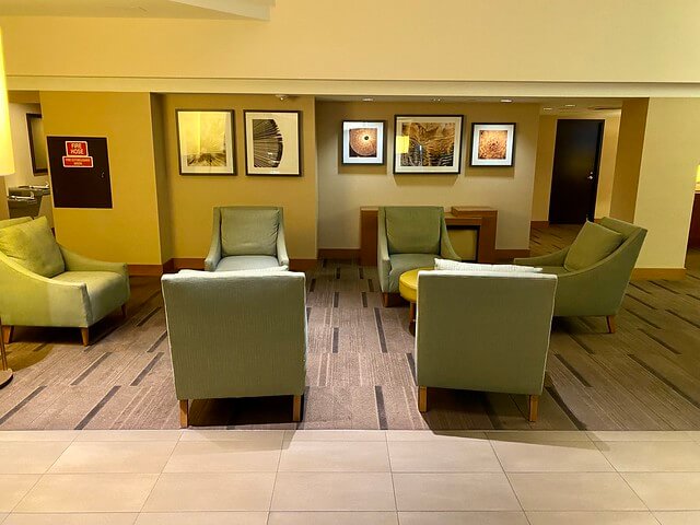 Plenty of places to relax at Hyatt Place Denver Cherry Creek. Socially distanced chair spacing.