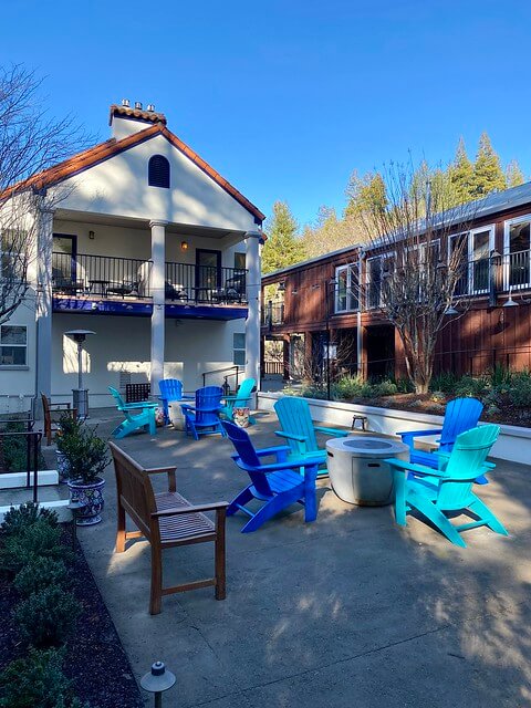 Outdoor fire pits await guests. Armstrong House balcony rooms offer star-gazing from the patio. 