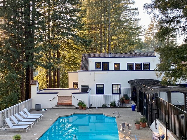 Swimming pool in the redwoods at Stavrand Russian River Valley in Guerneville.