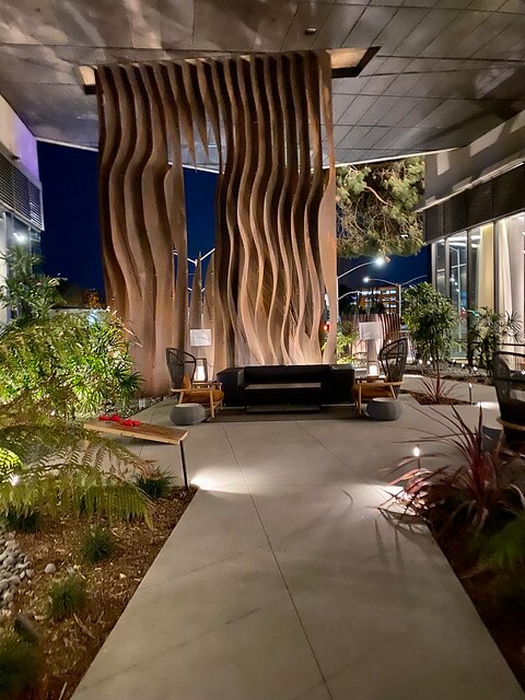 Nexus area at night connects two hotels, Tetra Silicon Valley & Marriott Sunnyvale Moffett Park.