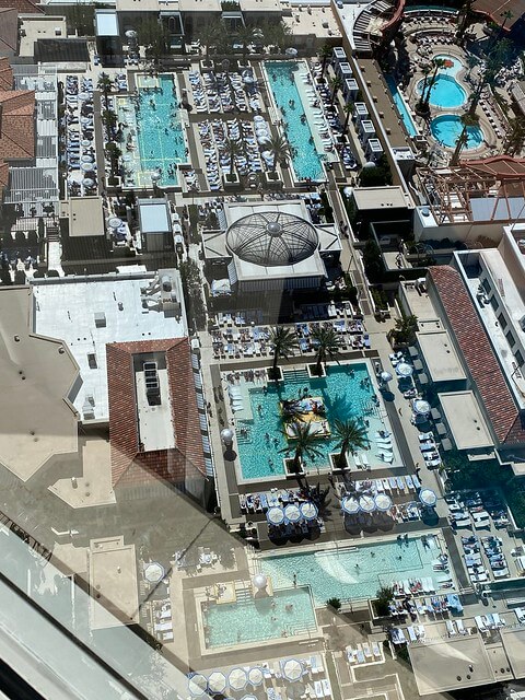 Several swimming pools may be seen from our hotel room at The Venetian Resort.