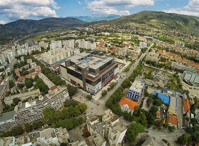 Hotel and shopping center aerial view