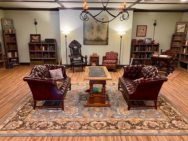 Benbow library is filled with books and leather sofas for lounging