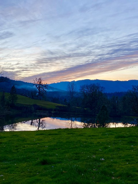 Sunset at the pond, with Umpqua forest in the background in Roseburg, Oregon