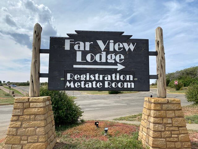 Wooden sign on display, pointing the way to Far View Lodge in Mesa Verde National Park, Colorado