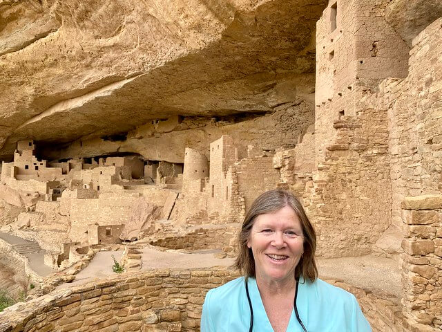 Travel Writer Nancy D. Brown inside Cliff Palace at Mesa Verde National Park in Colorado.