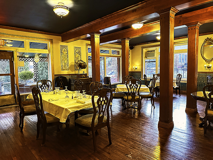 Original woodwork is showcased in the fine dining restaurant at the Copper Queen Hotel