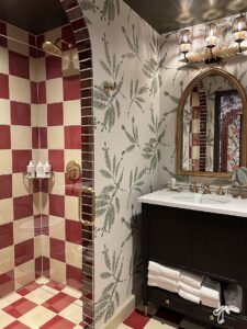 Bathroom in a room with two queen beds at the Graduate Palo Alto