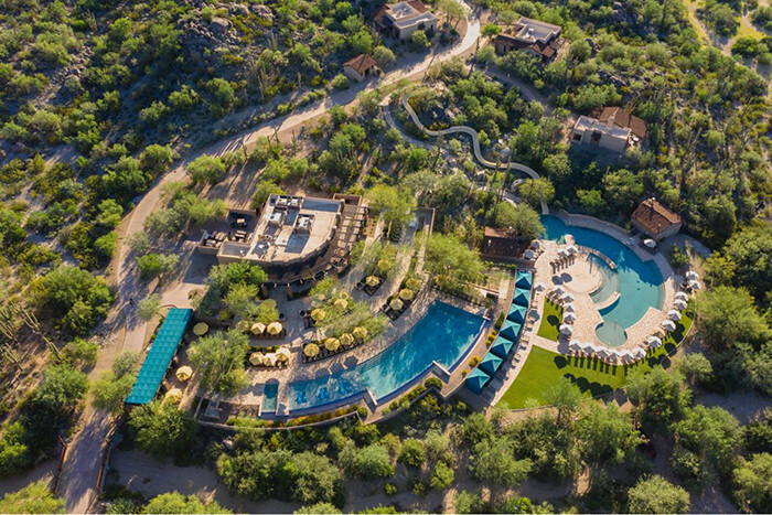 Aerial view of pools and desert landscape at Ritz Carlton Dove Mountain